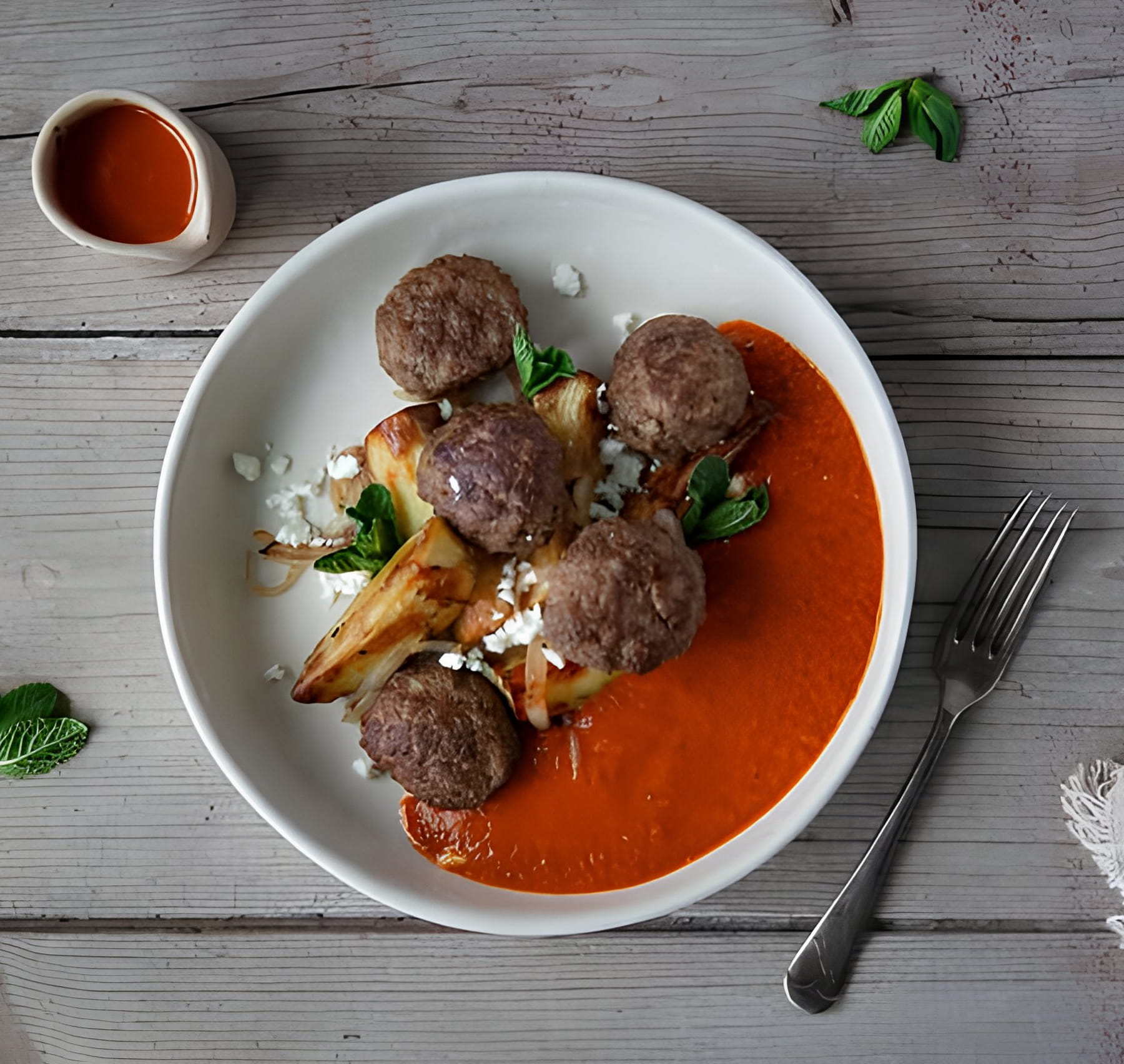 Lihapullia punaisella tomaattikastikkeella ja juureksilla